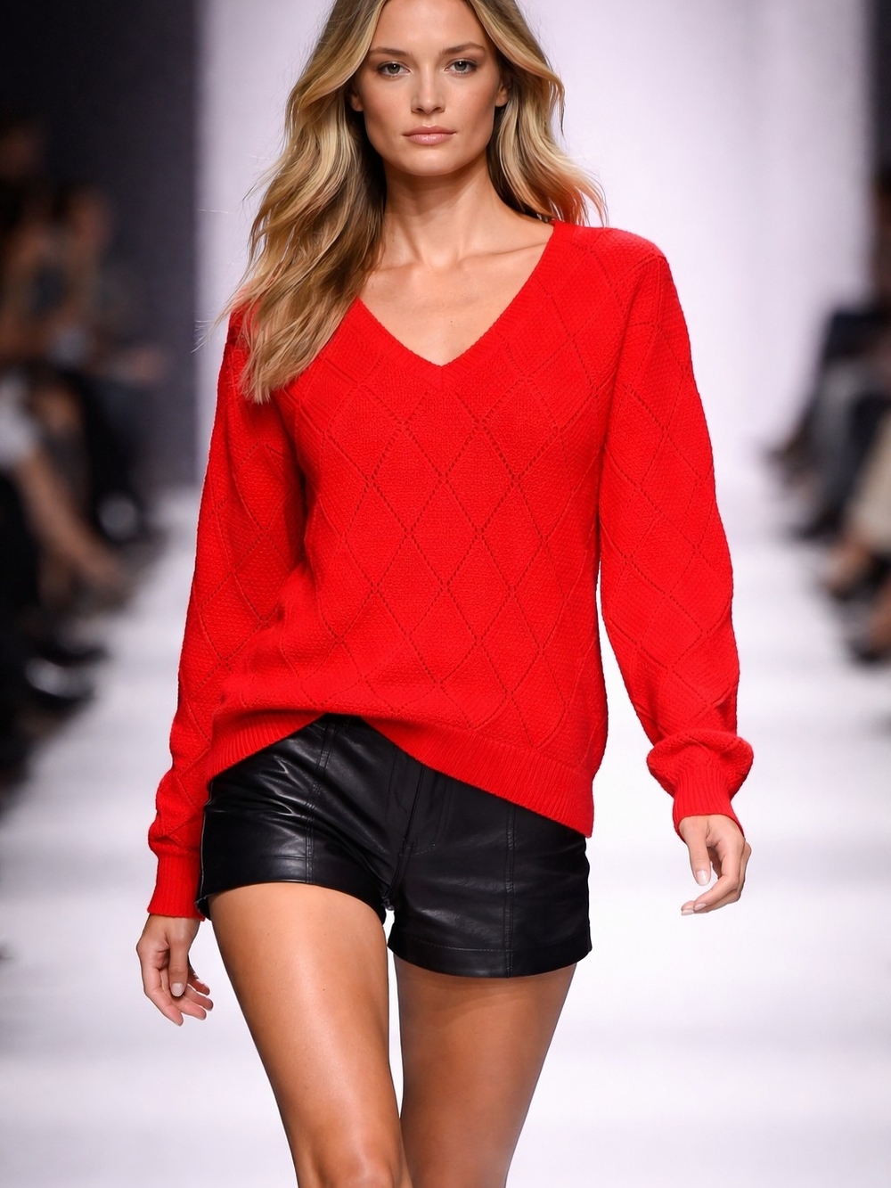 Red V-Neck Cable Knit Women's Sweater